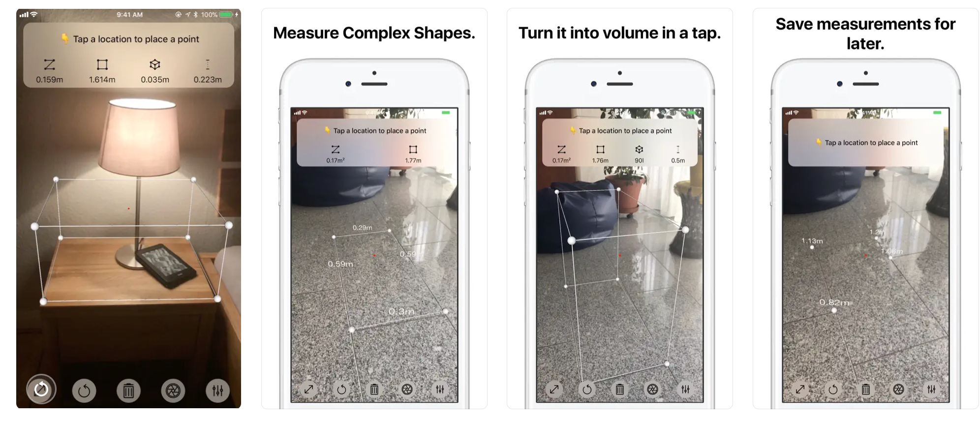 Four shots of ARuler showing the measurements of a table surface on a mobile UI.