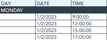 columns for day, date, and time in a social media content calendar