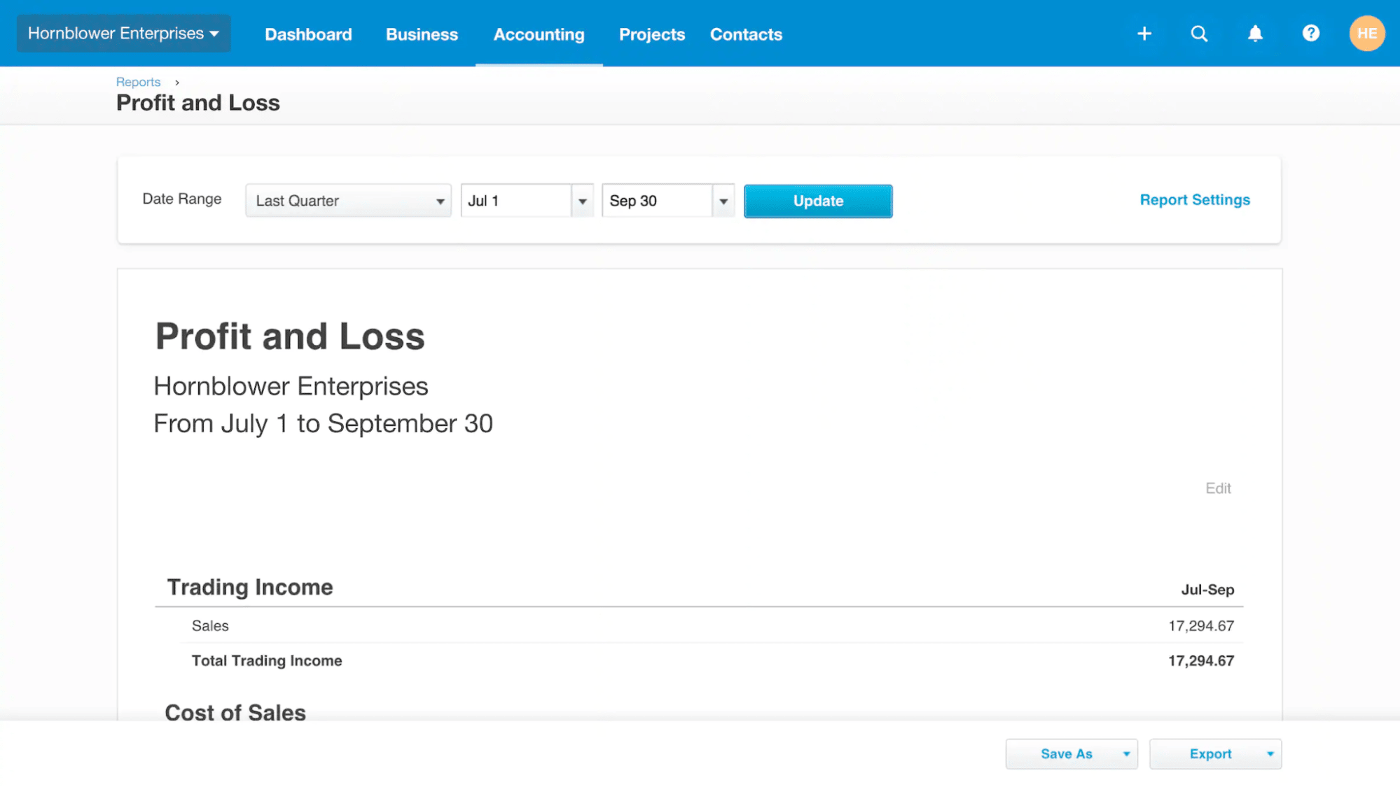 Income statement: How an income statement looks like on Xero, an accounting tool that can integrate with Pipedrive