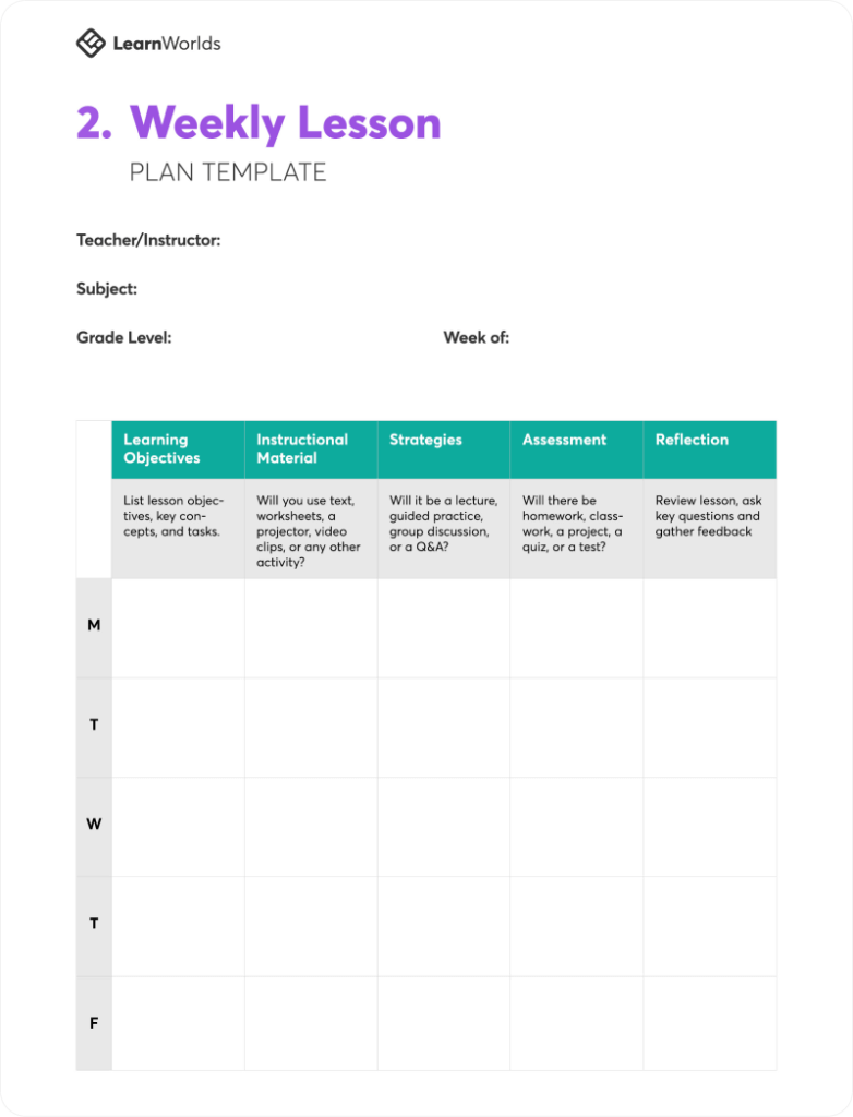 Lesson plan template - weekly lesson plan