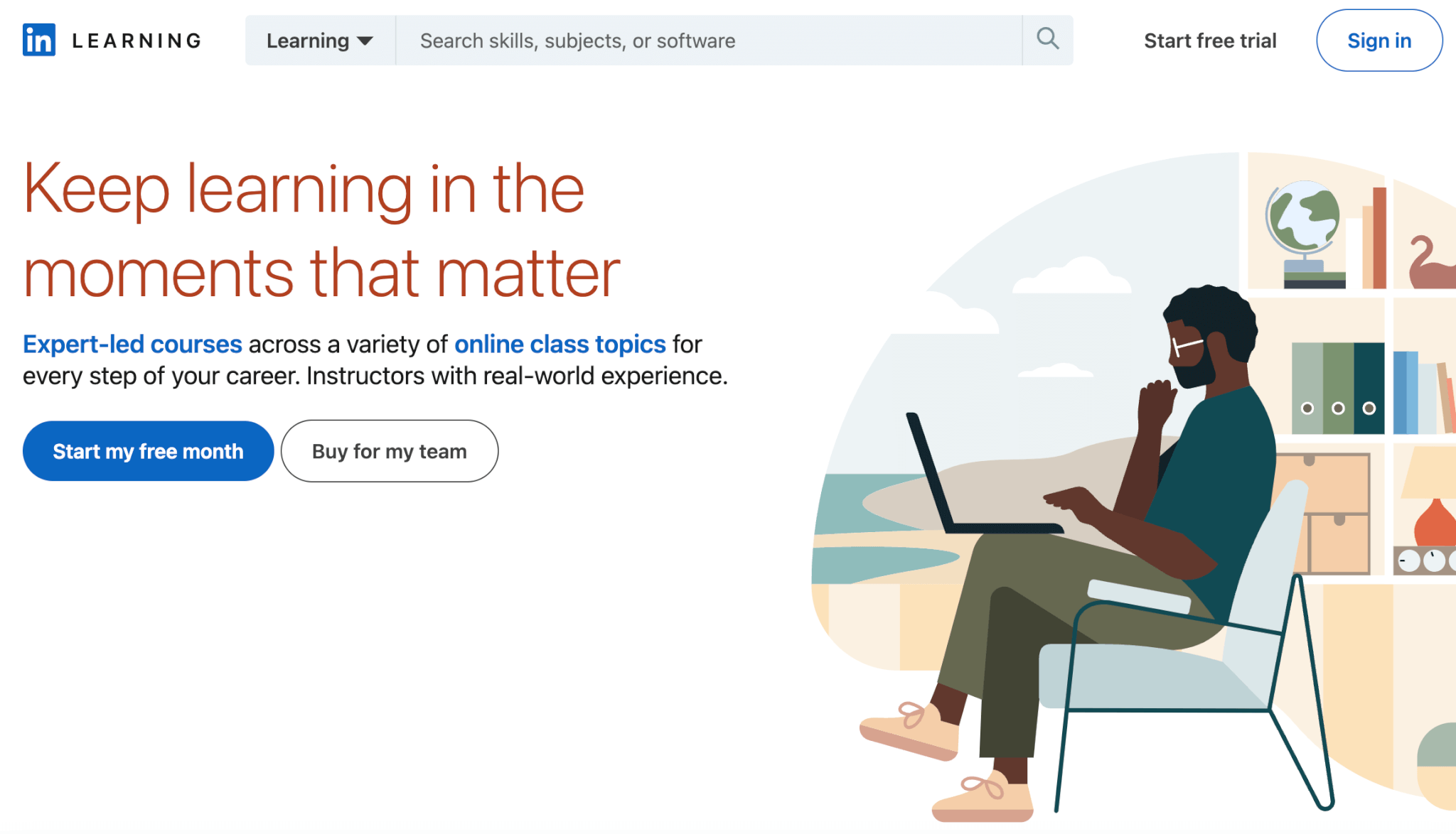 a screenshot of LinkedIn Learning landing page showing an animated character working on laptop