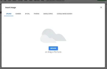 screenshot showing the insert image popup window in Google Docs