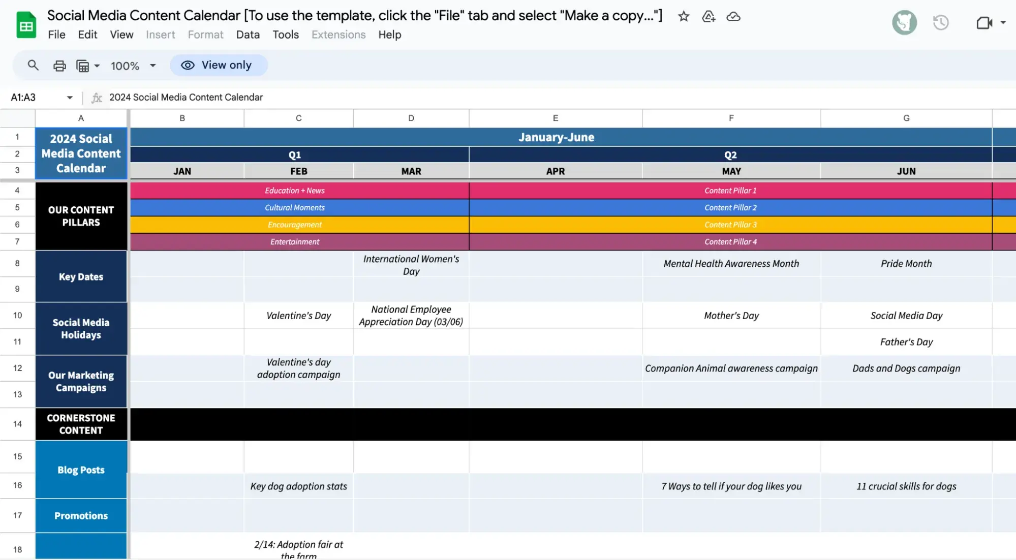 Screenshot showing Hootsuite's social media calendar template, a the color-coded spreadsheet