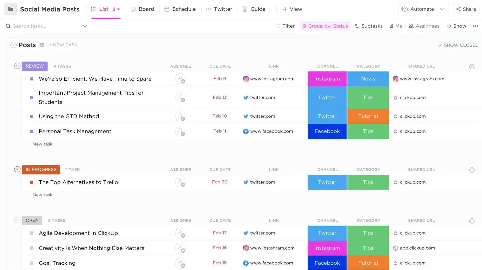 Screenshot showing ClickUp's social media calendar template, a color-coded project board within its tool