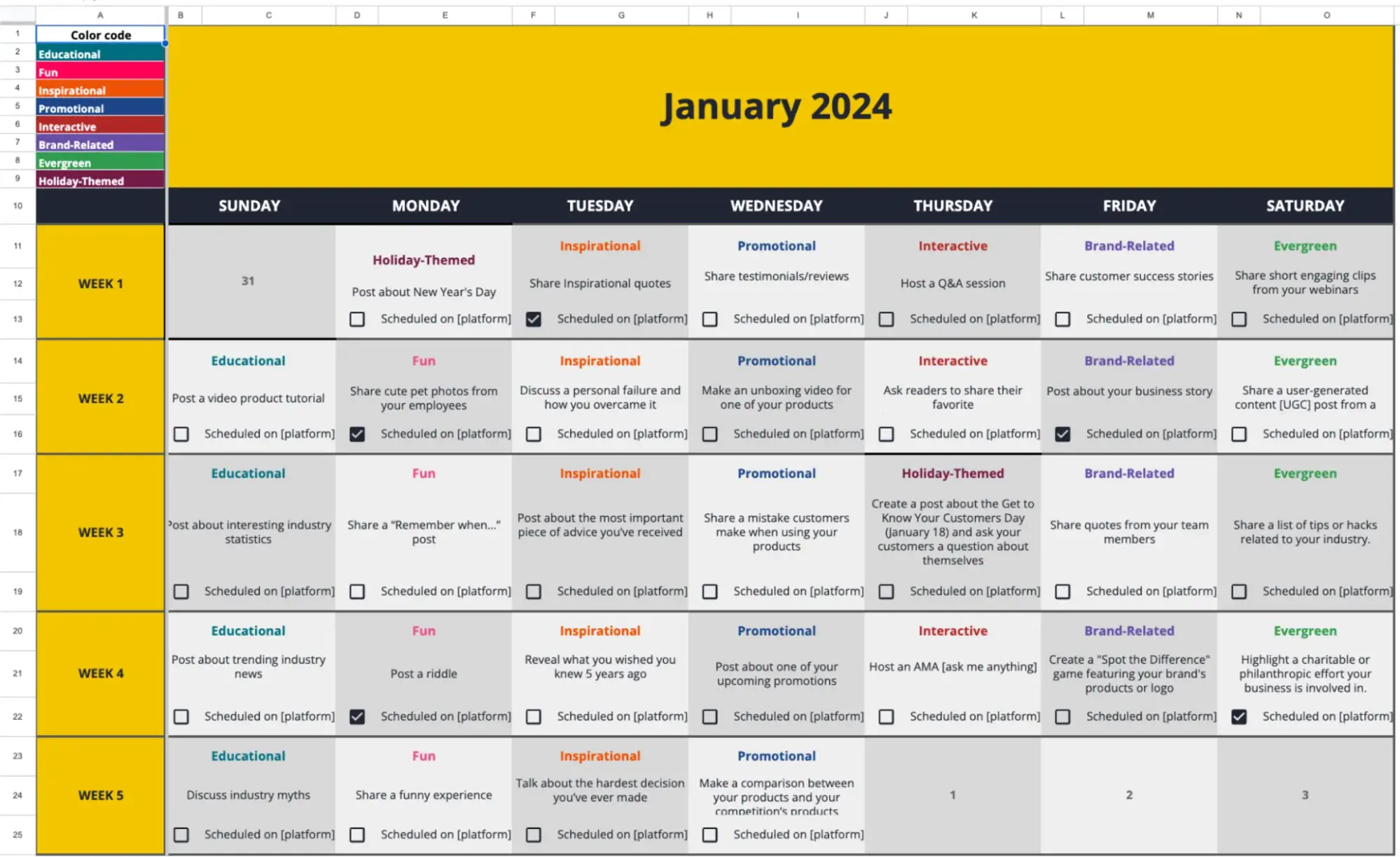 Screenshot showing SocialBee's social media calendar template, a comprehensive spreadsheet with tabs for each month and post ideas for each day.