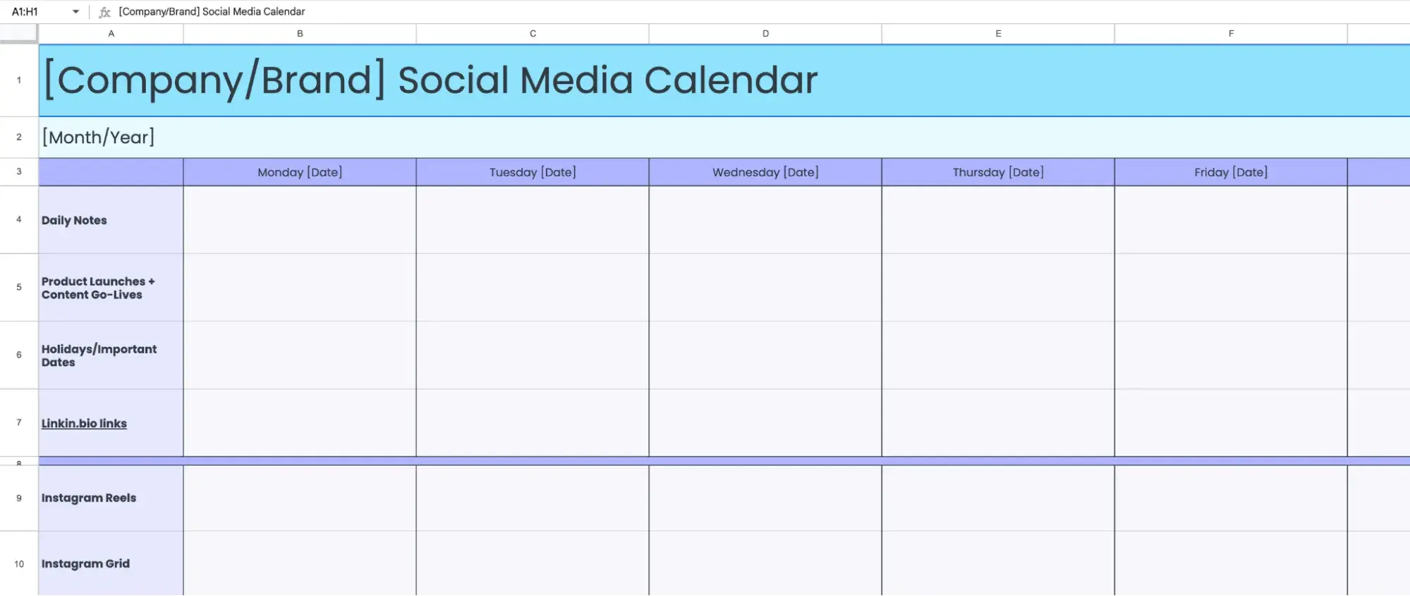 Screenshot showing Later's social media calendar template, a light-blue and lavender spreadsheet