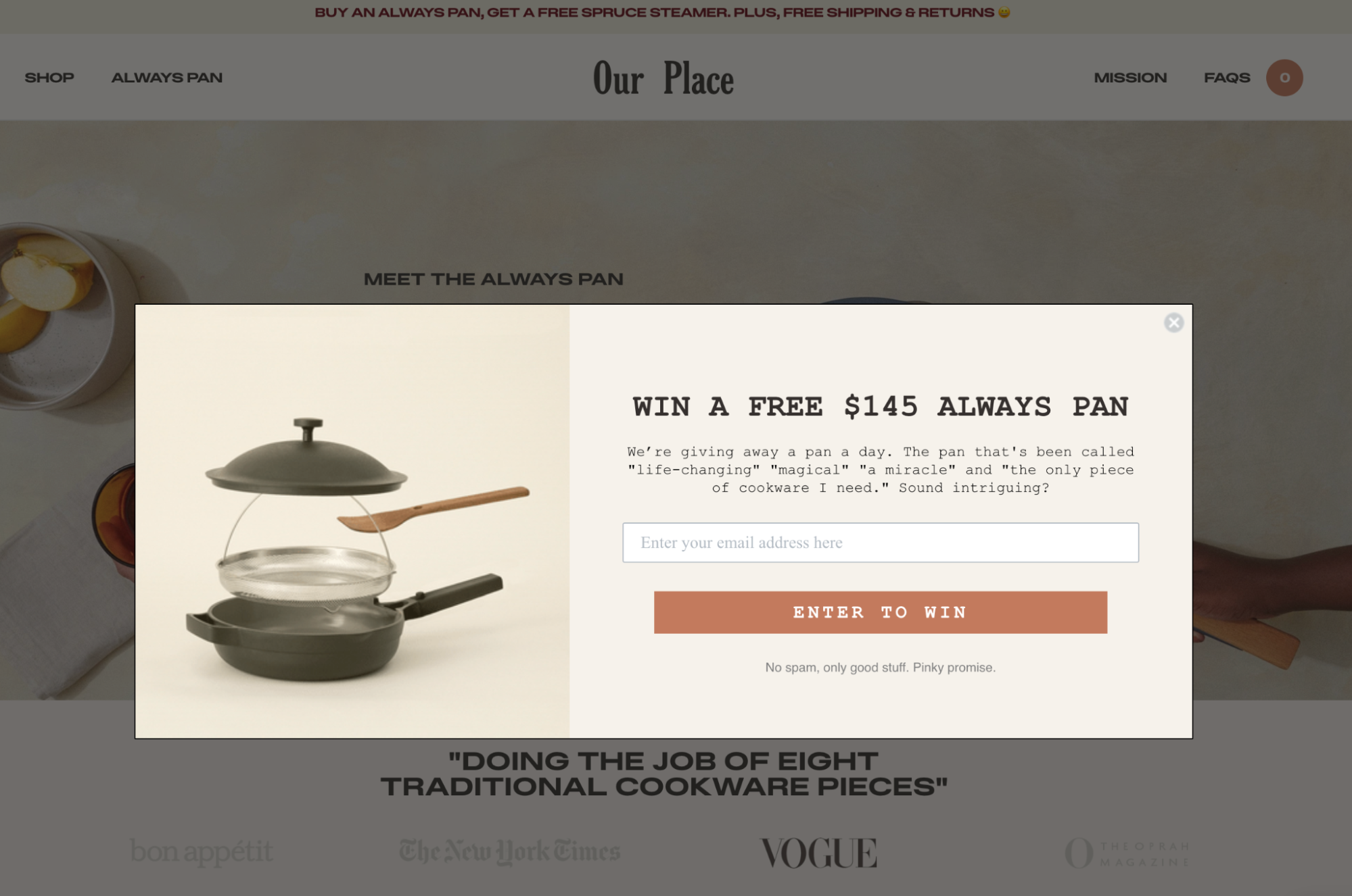 Our Place website with a pop-up to win a free Always Pan.