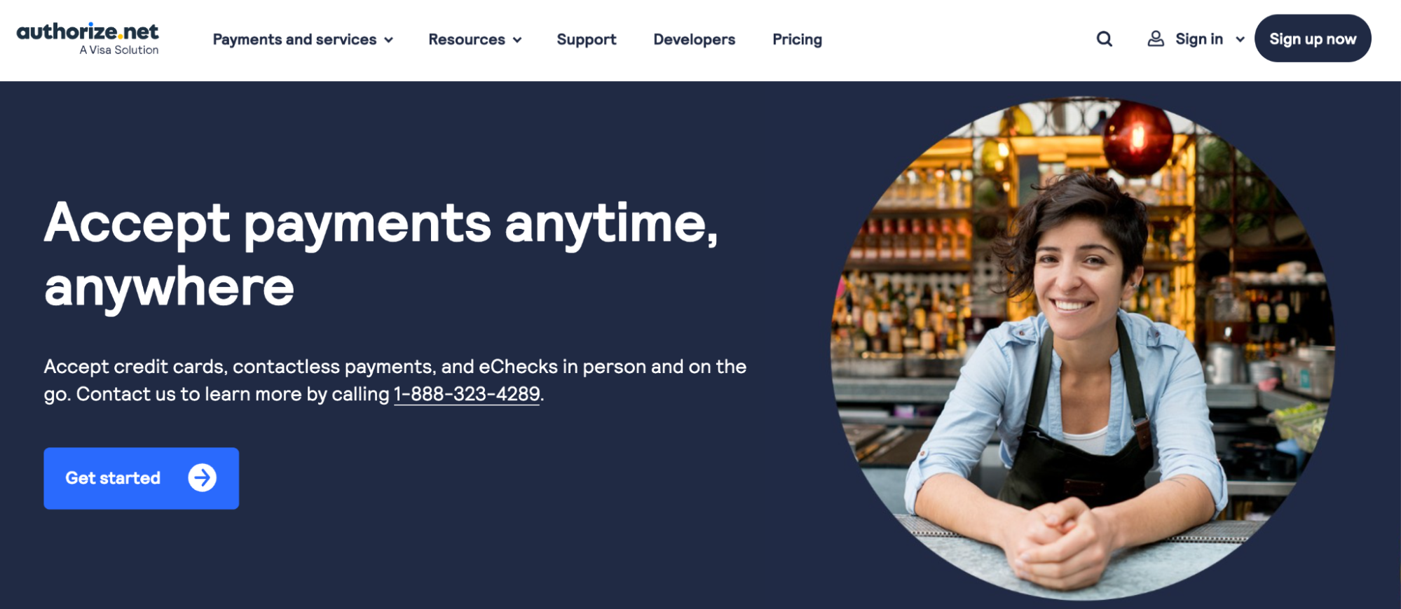 Screenshot of Authorize.net’s homepage with the headline, “Accept payments anytime, anywhere.”