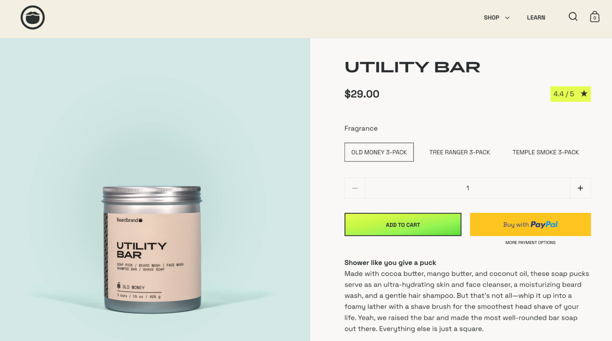 Beardbrand’s product page for Utility Bar soap with its 4.4 out of 5 star customer rating.