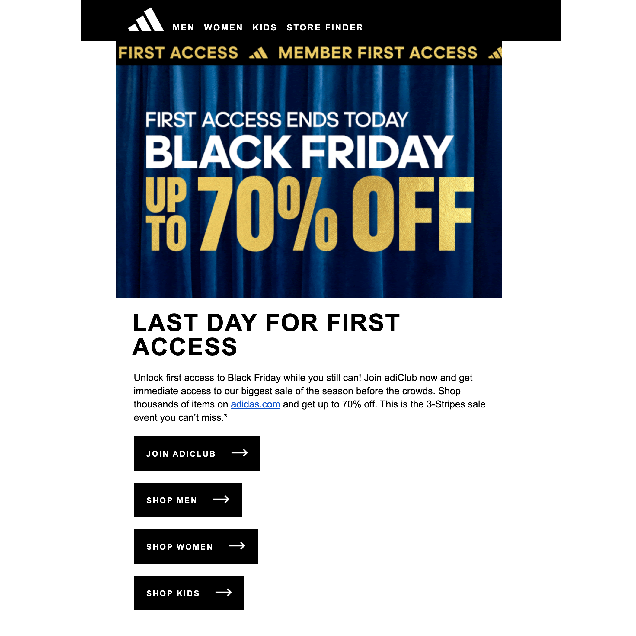 Adidas urgency email for Black Friday example.