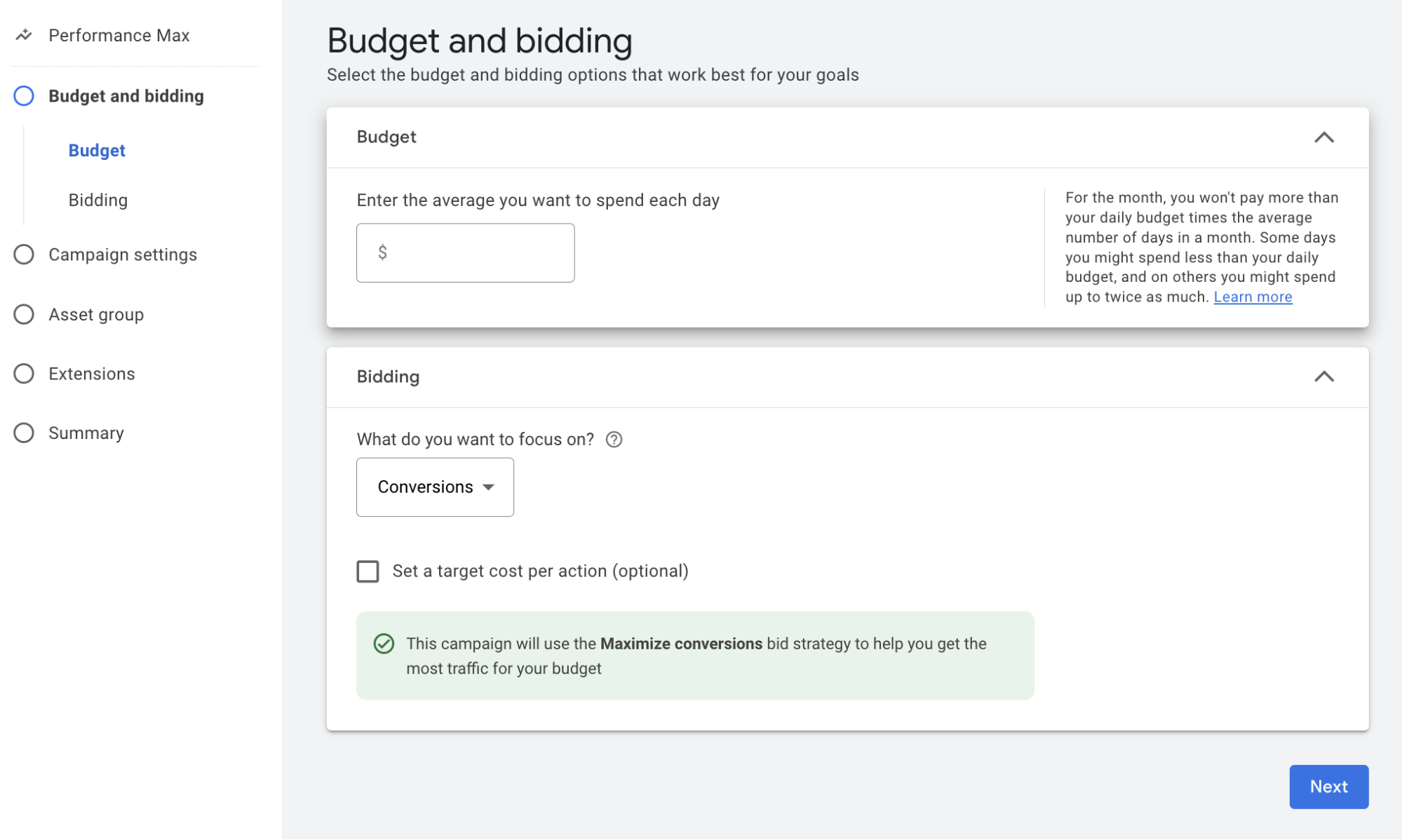 The Google Shopping ad budget and bidding page lets you choose what you want to focus on.