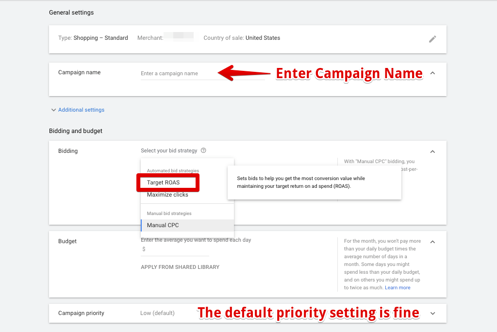 Configure a Google Shopping campaign’s name, bidding strategy, daily budget, and priority settings.