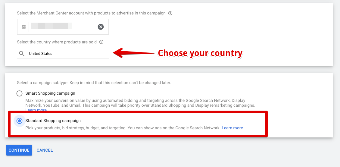 Form to select merchant account and country, and choose between Smart or Standard Shopping campaign.