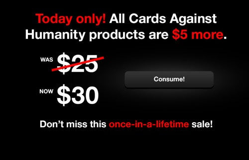 An announcement from Cards Against Humanity for their anti-Black Friday campaign