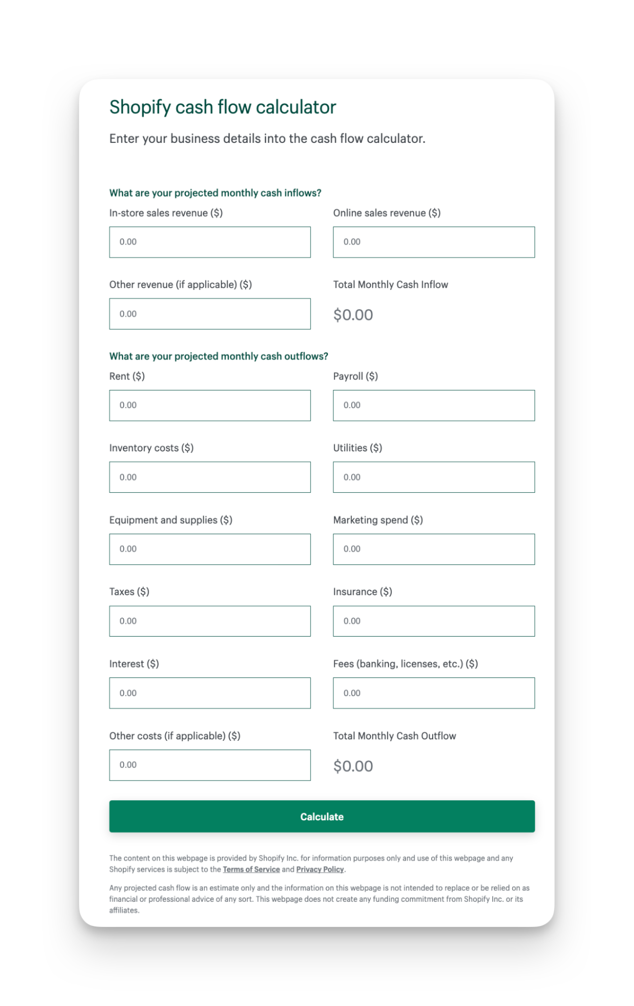 Screenshot of Shopify cash flow calculator