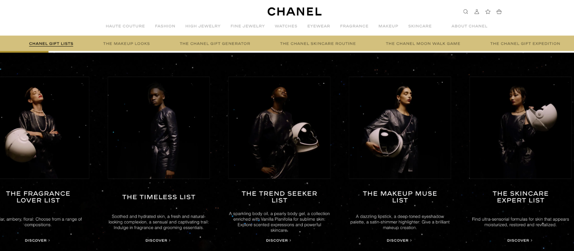 Chanel’s gift guides promoting different product collections with models aligned in front of a night sky.