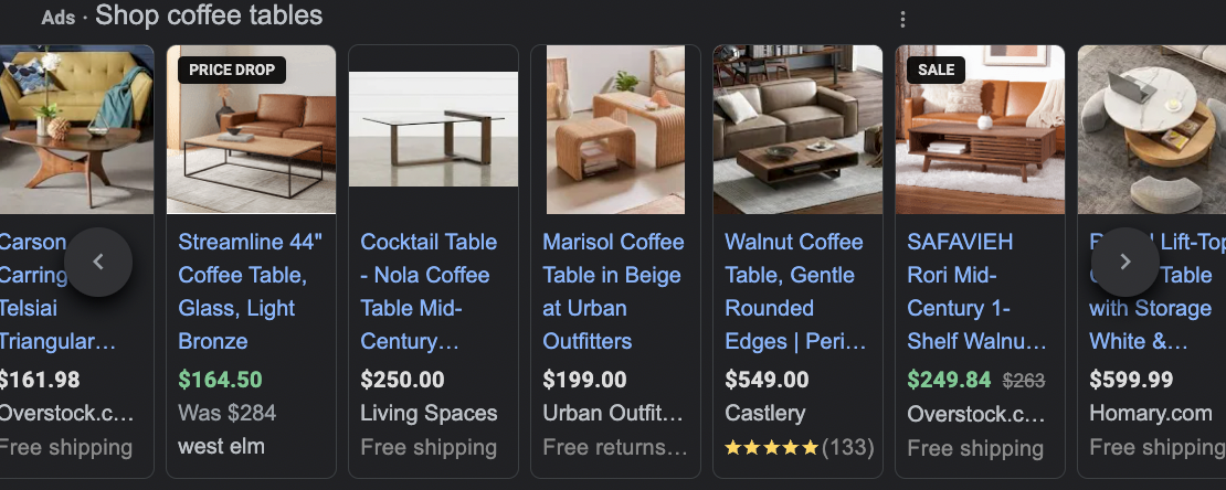 Google Shopping ads displaying different coffee tables.