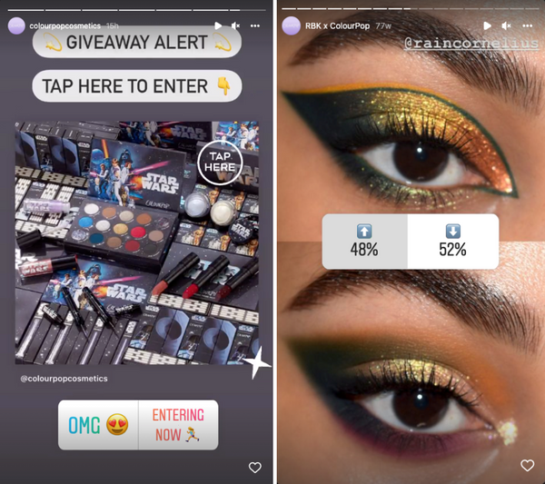 Two Instagram Stories with polls and makeup imagery from ColourPop Cosmetics