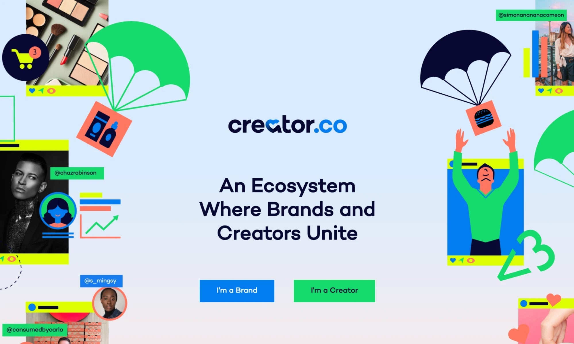 Creator.co landing page with the caption “An ecosystem where brands and creators unite”