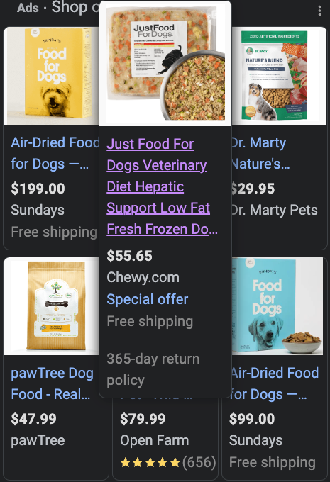 Google Shopping ads displaying healthy dog food.