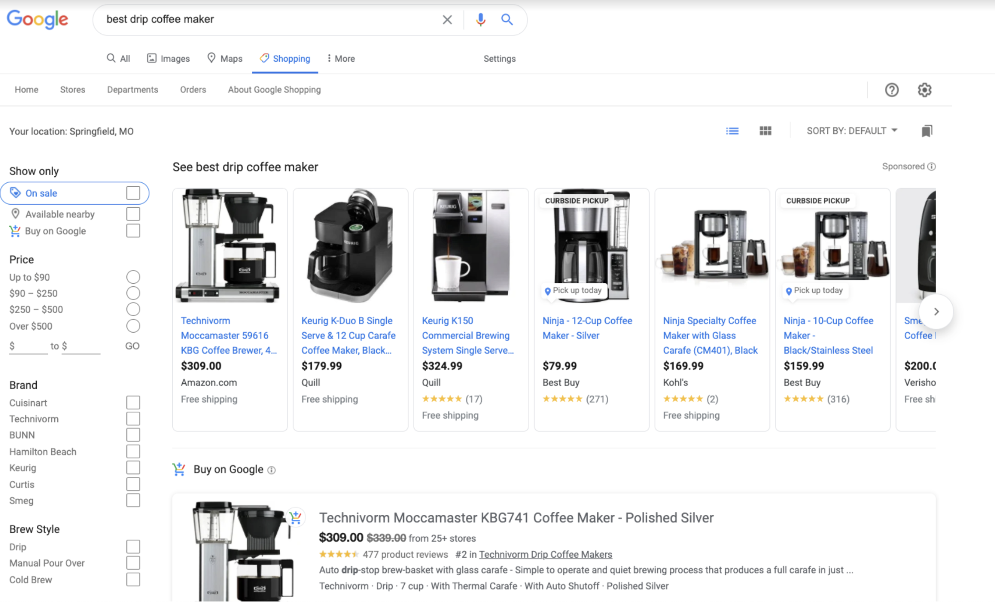 Google Shopping ads displaying different drip coffee makers.