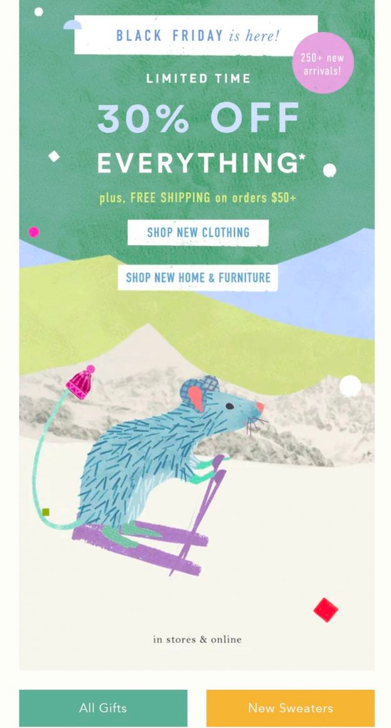 Email from Anthropologie offering free shipping and includes an illustration of a mouse skiing.