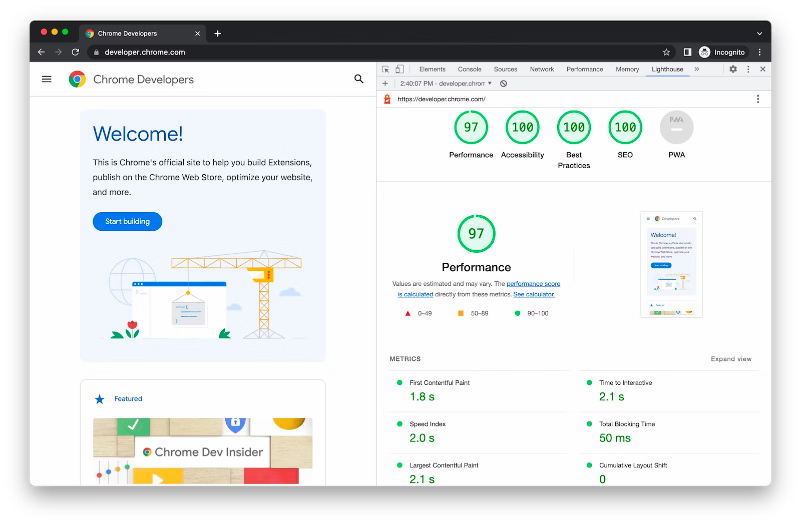 Chrome Developers page with high performance scores in Lighthouse report.