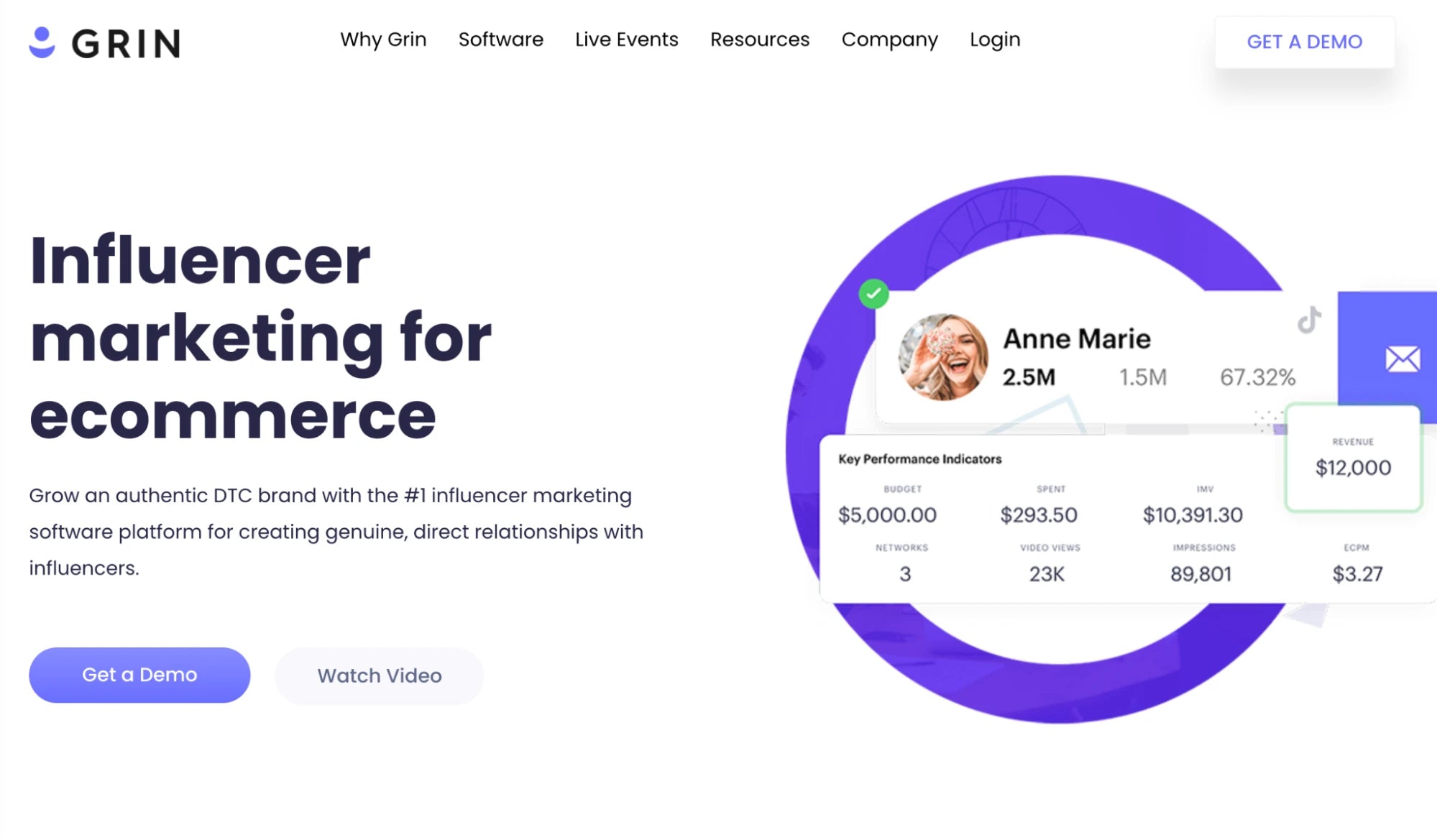 Grin landing page with the caption “Influencer marketing for ecommerce”