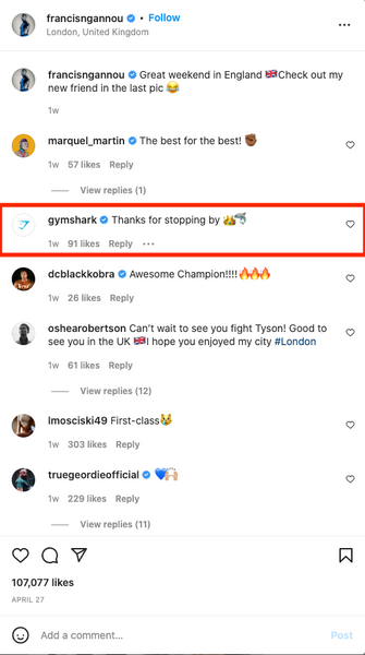 Gymshark commenting on Instagram thanking users for stopping by the page