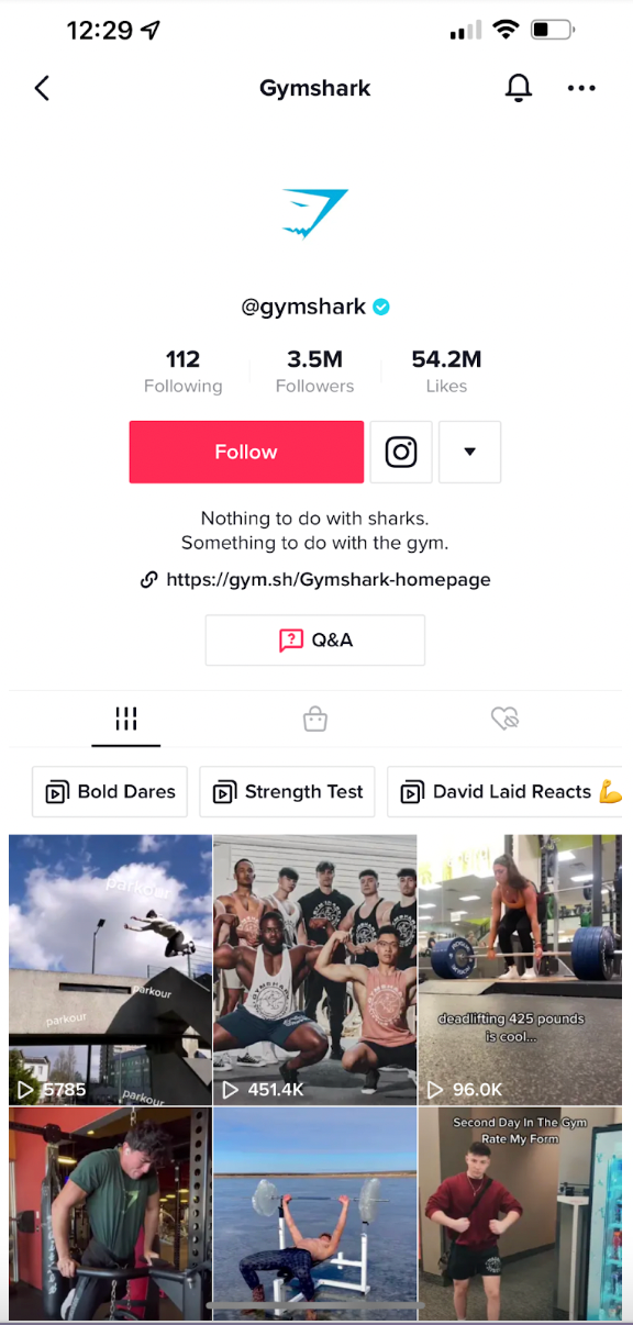 The TikTok profile of athleisure brand Gymshark