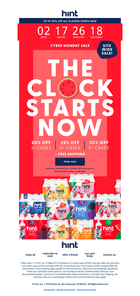 Email from Hint announcing the start of a sale with packages of various water flavors and a countdown clock.