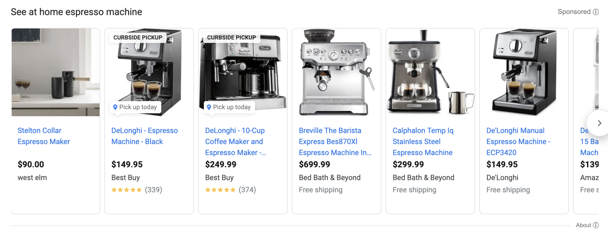 Google ads displaying different at-home espresso machines.