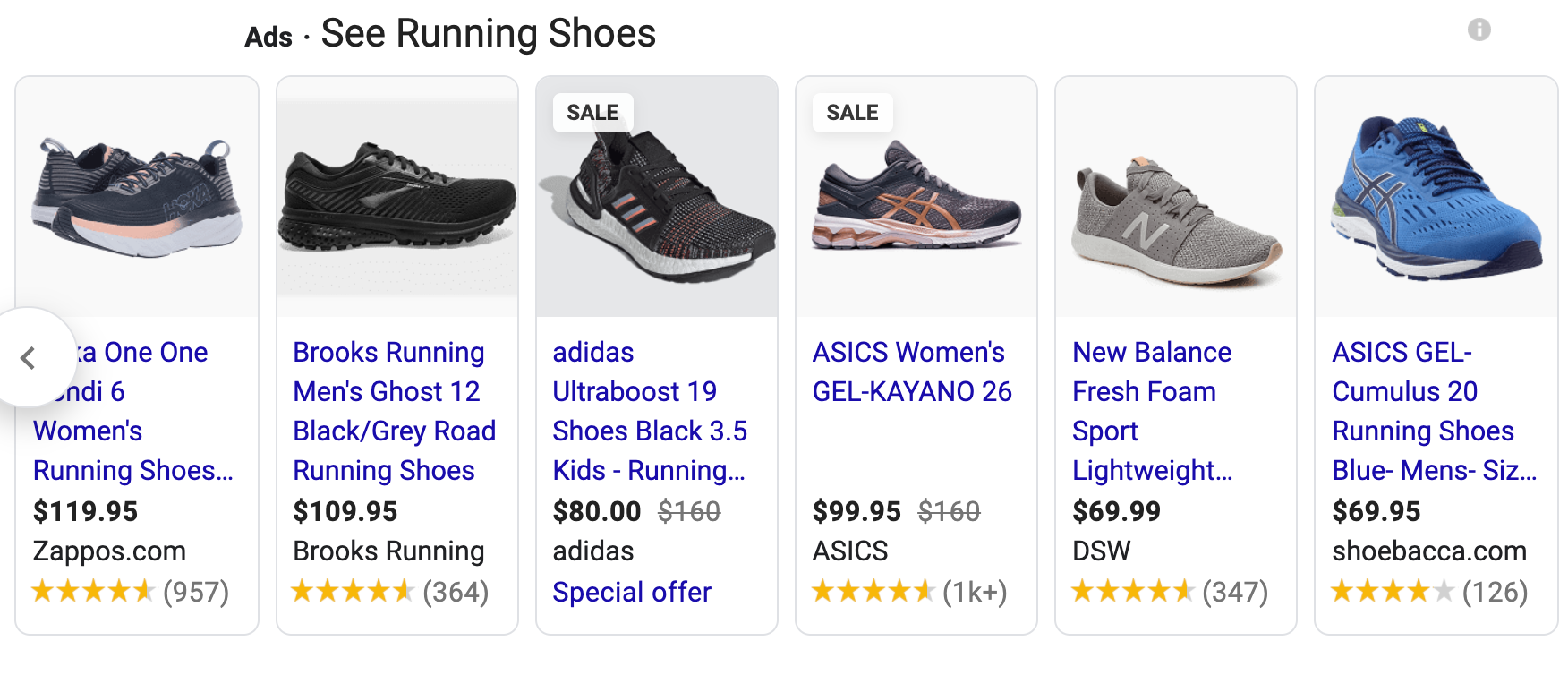 Google Shopping ads displaying different running shoes.