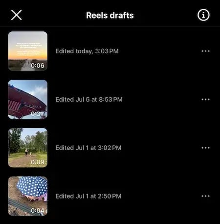 Instagram productivity example: Reels drafts