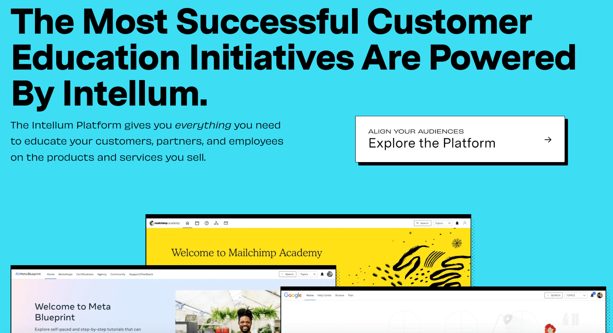 a screenshot of Intellum landing page in bright blue and yellow showing glimpses of academies built with the platform