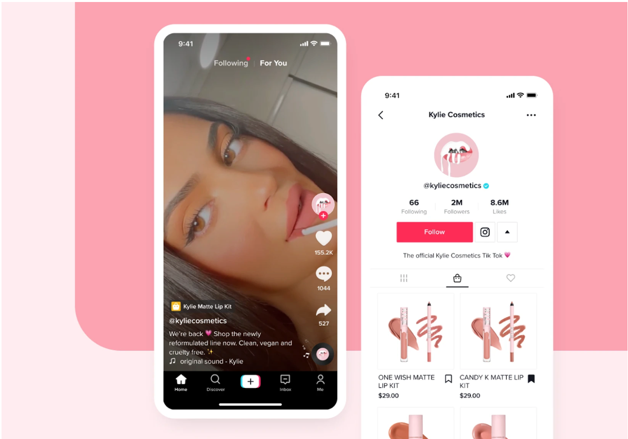 Kylie Jenner’s TikTok business profile, with an example post and product page.