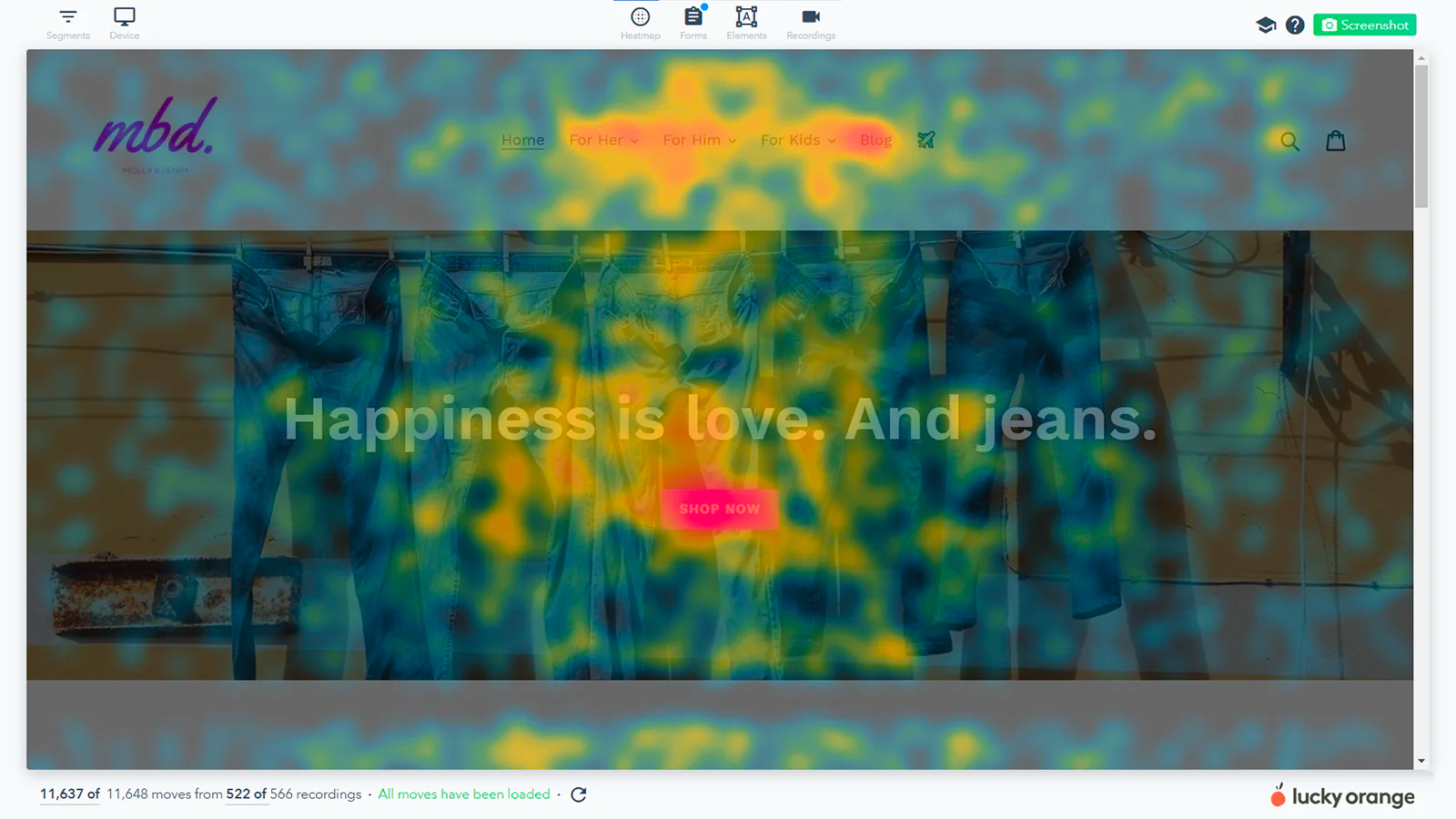 Heatmap of user interactions on Molly & Denim homepage.