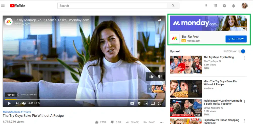 YouTube display ad example for Monday.com