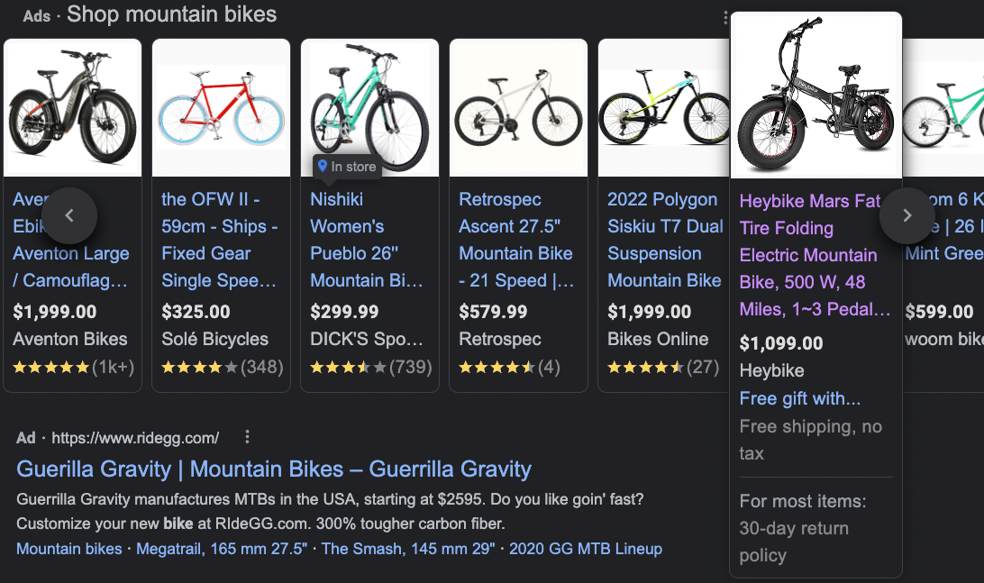 Google Shopping ads displaying different mountain bikes.