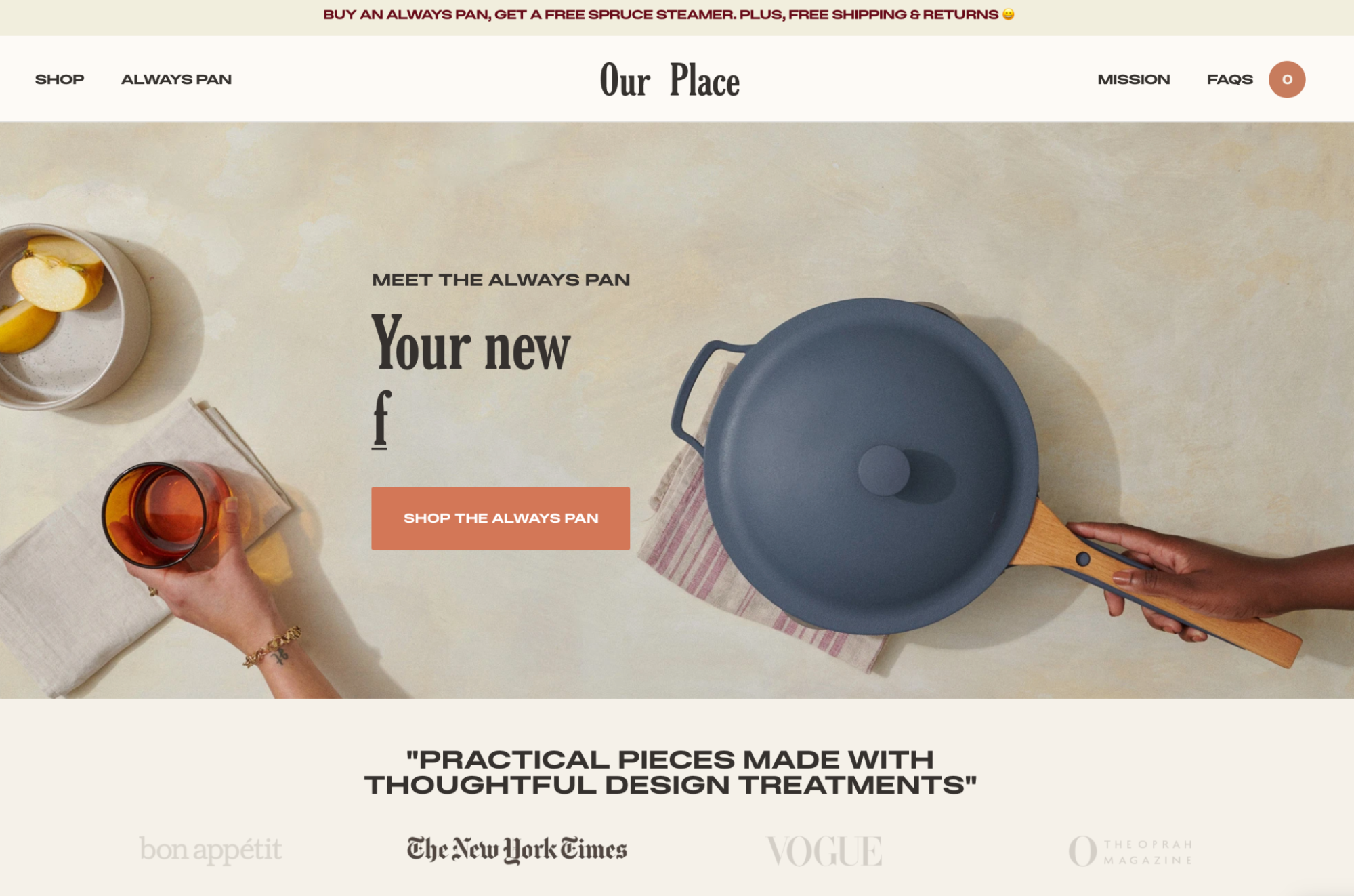 Our Place website featuring Always Pan with a promotional banner.