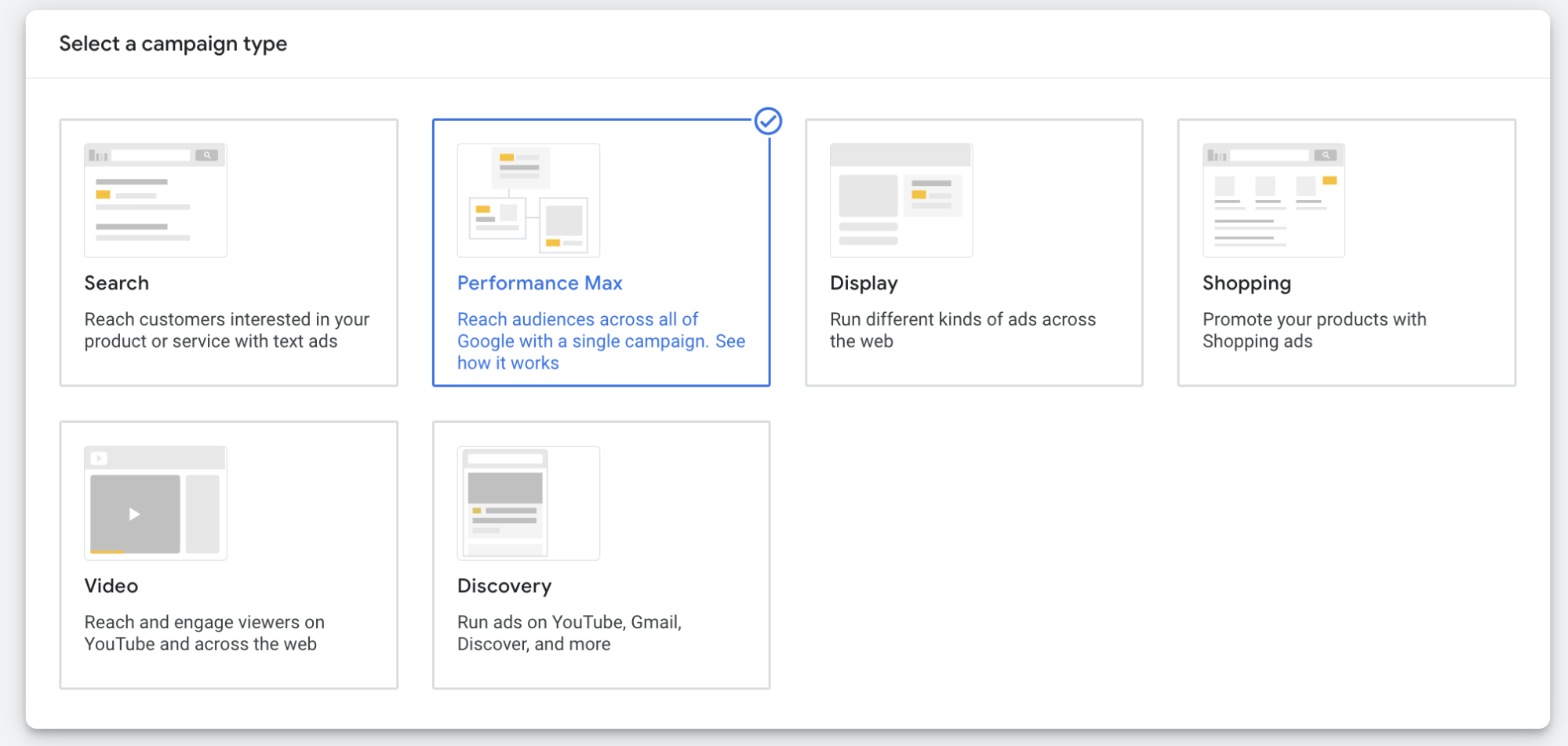 The selection process when setting up Google Shopping campaigns lets you choose your campaign type.