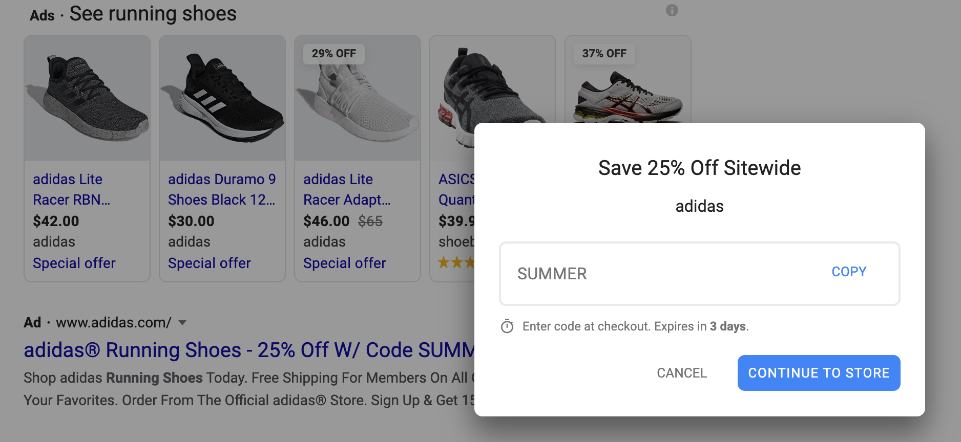 A pop-up offers shoppers 25% off shoes if they continue to the store and use code “SUMMER.”