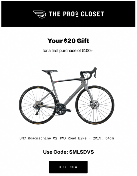 The Pro’s Closet email with an image of a bicycle and a unique coupon code.