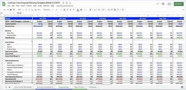 Screenshot of business plan template from liveflow