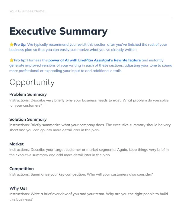 Screenshot of business plan template from bplan