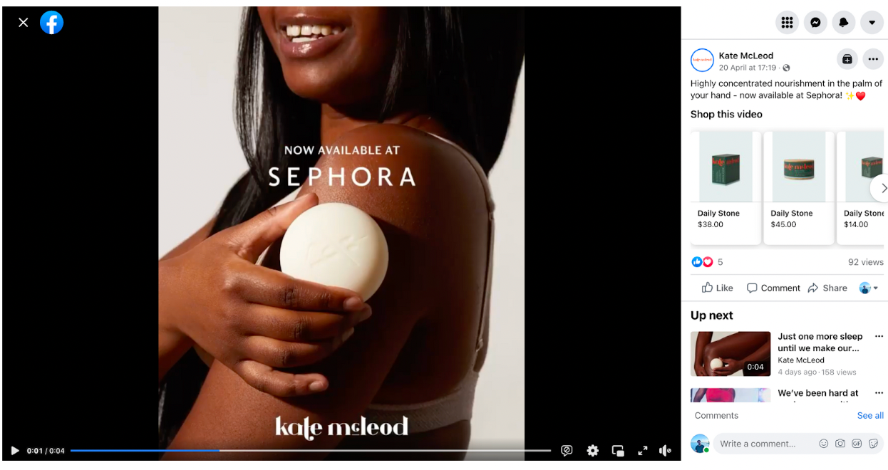 A facebook video ad for a cosmetics product announcing it is available at Sephora