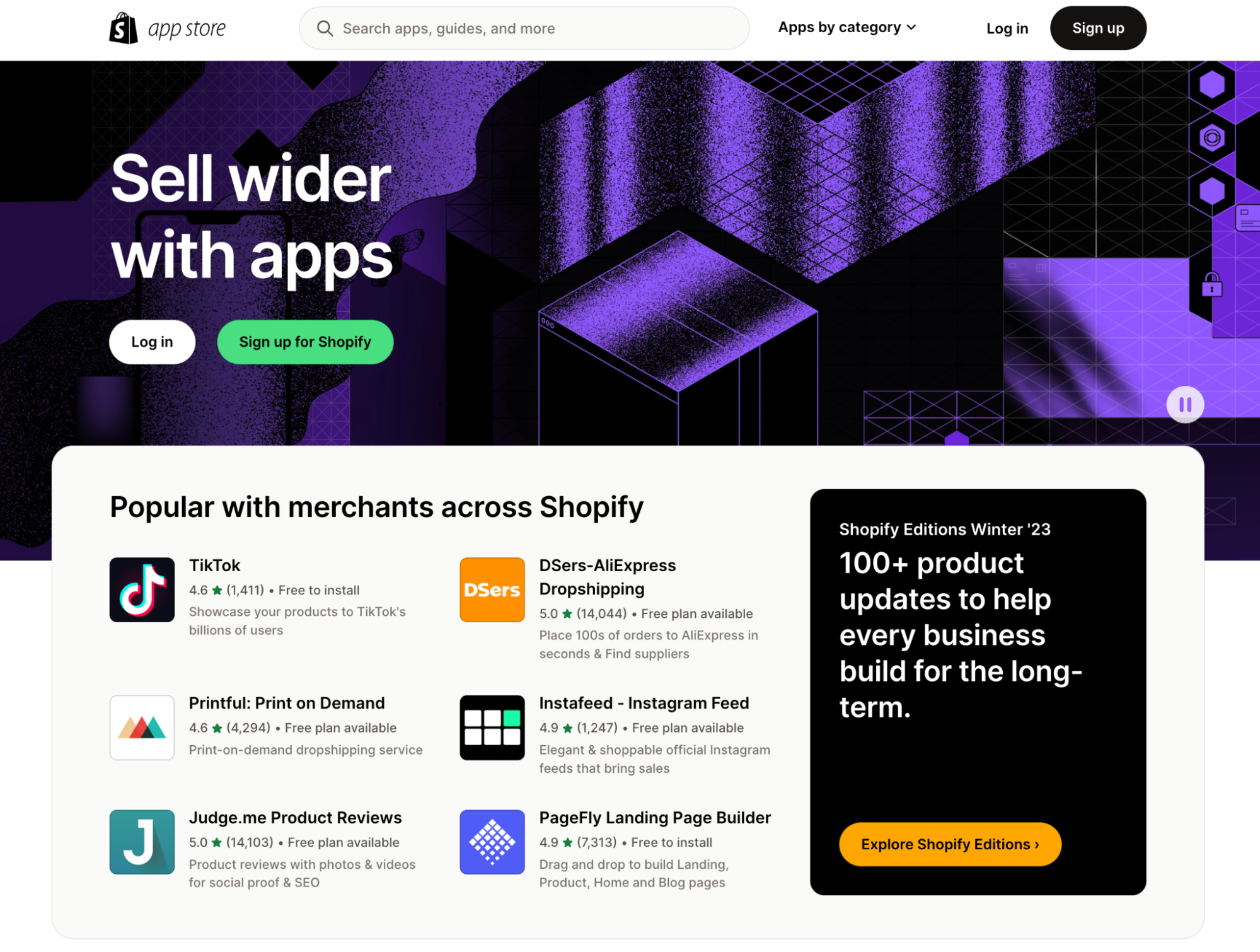 The Shopify App store homepage with popular apps listed