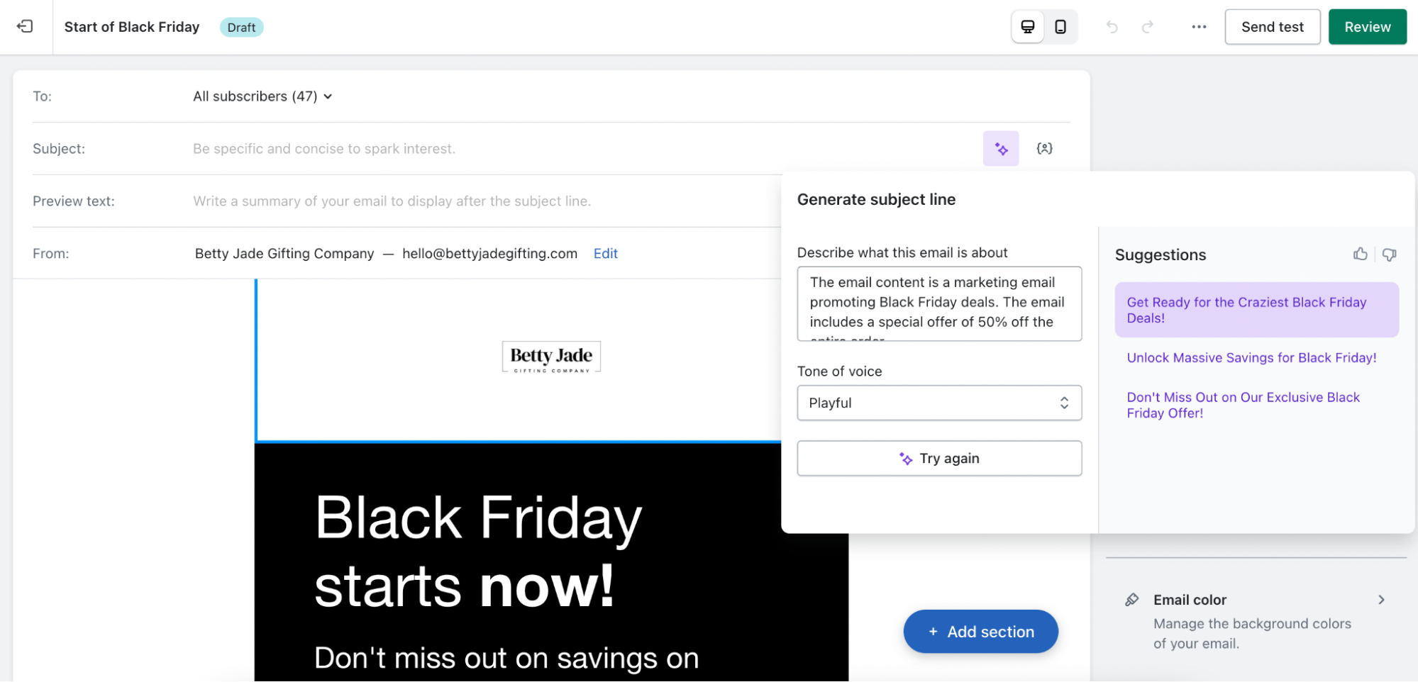 Shopify Magic suggesting Black Friday-themed email subject lines.