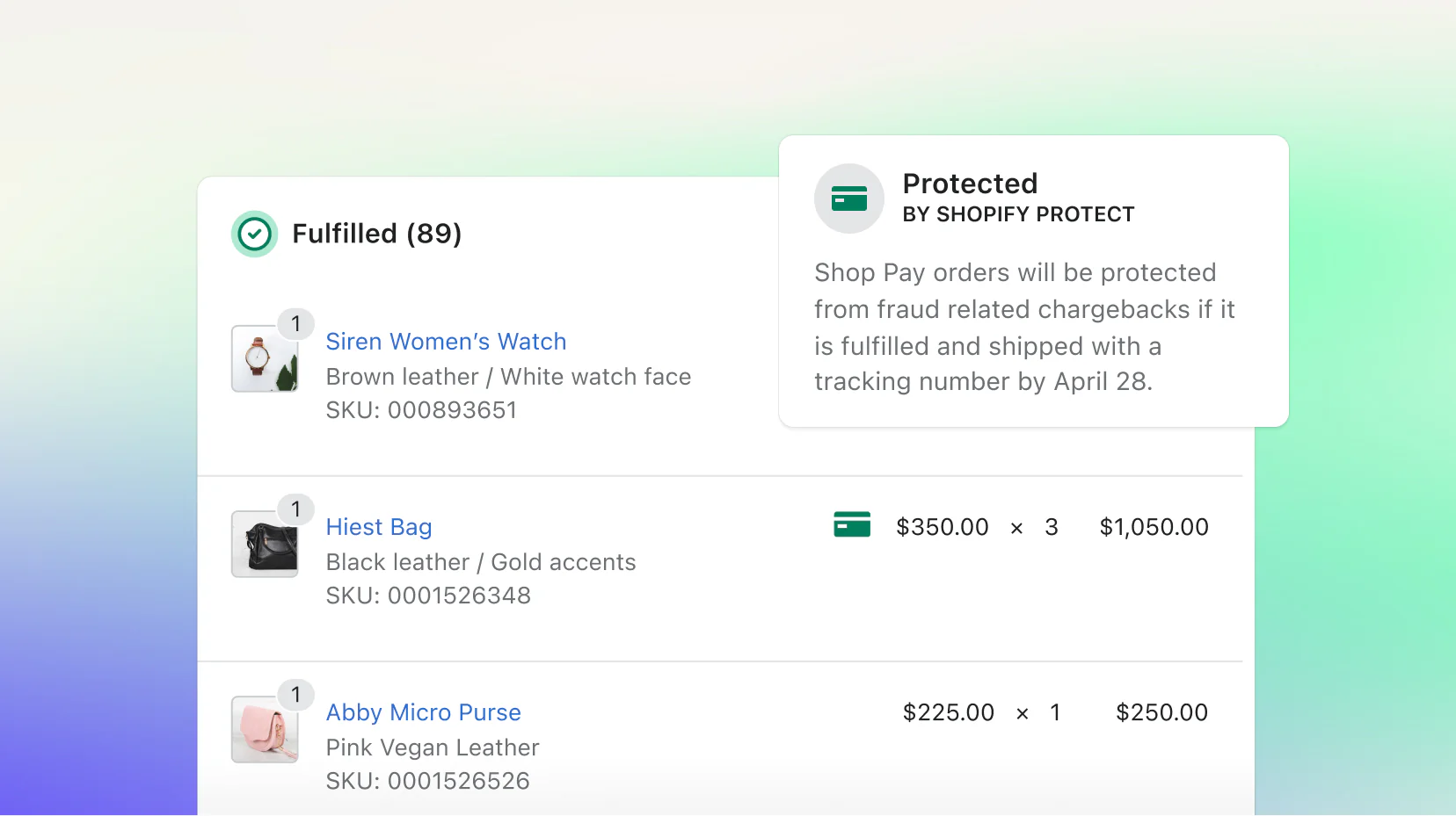 Screenshot of an online order that is protected against fraud-related chargebacks with Shopify Protect.