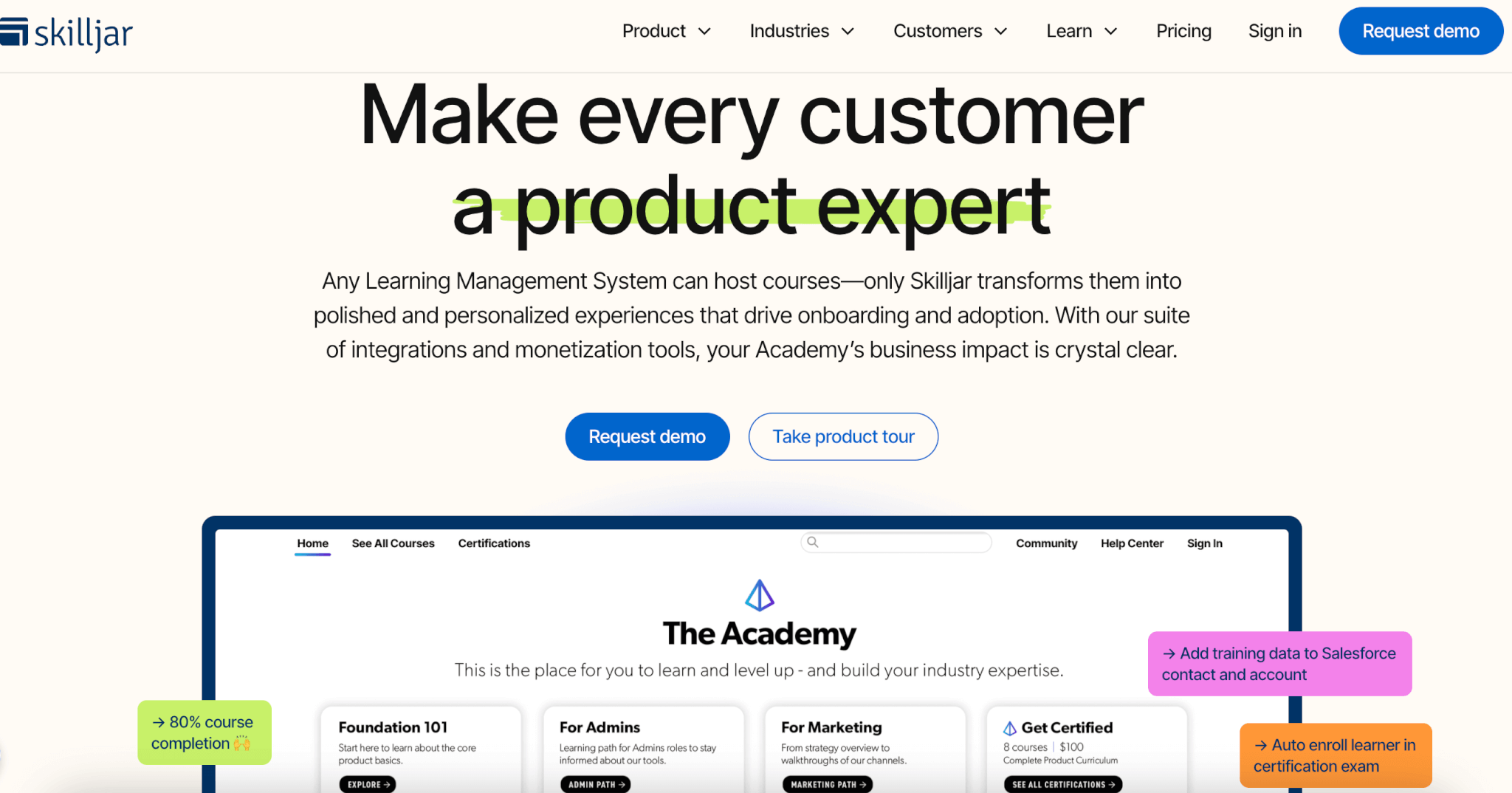 a screenshot of Skilljar landing page showing a glimpse of a training academy built with the platform